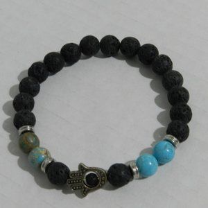 Hamsa hand, lava rock and faux turquoise beads stretch bracelet